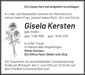 Traueranzeige von Gisela Kersten von Märkische Oderzeitung