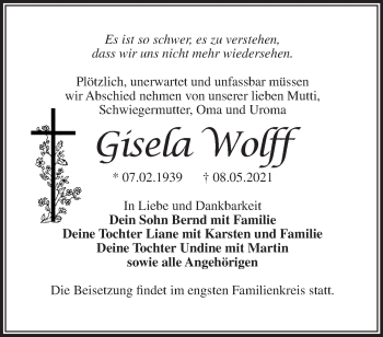 Traueranzeige von Gisela Wolff von Märkische Oderzeitung