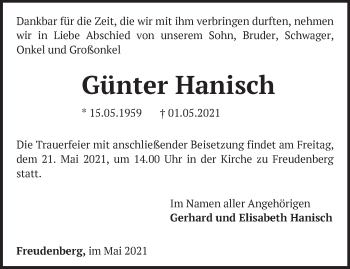 Traueranzeige von Günter Hanisch von Märkische Oderzeitung