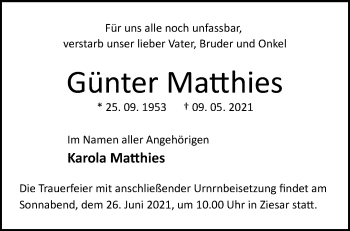 Traueranzeige von Günter Matthies von Märkische Oderzeitung