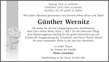 Traueranzeige von Günther Wernitz von Märkische Oderzeitung