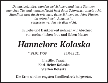 Traueranzeige von Hannelore Kolaska von Märkische Oderzeitung