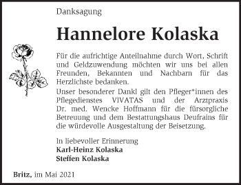 Traueranzeige von Hannelore Kolaska von Märkische Oderzeitung