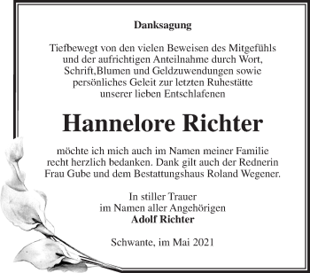 Traueranzeige von Hannelore Richter von Märkische Oderzeitung