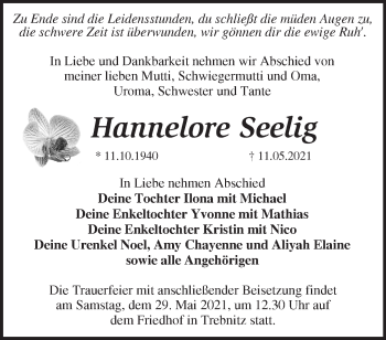 Traueranzeige von Hannelore Seelig von Märkische Oderzeitung