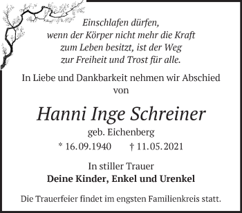 Traueranzeige von Hanni Inge Schreiner von Märkische Oderzeitung