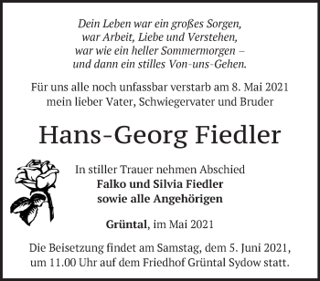 Traueranzeige von Hans-Georg Fiedler von Märkische Oderzeitung