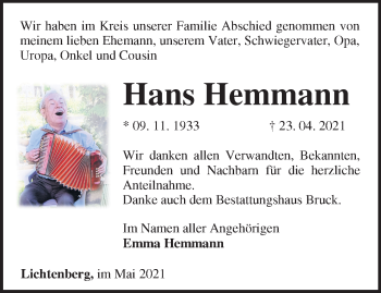 Traueranzeige von Hans Hemmann von Märkische Oderzeitung