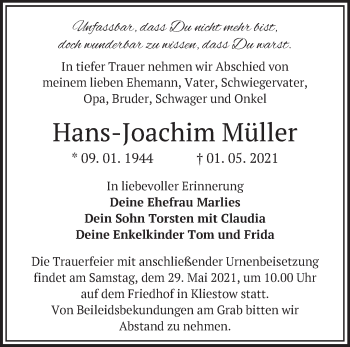 Traueranzeige von Hans-Joachim Müller von Märkische Oderzeitung