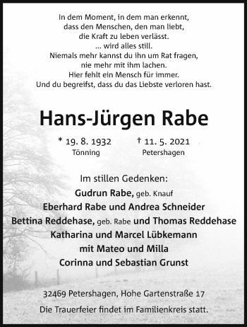 Traueranzeige von Hans-Jürgen Rabe von Märkische Oderzeitung