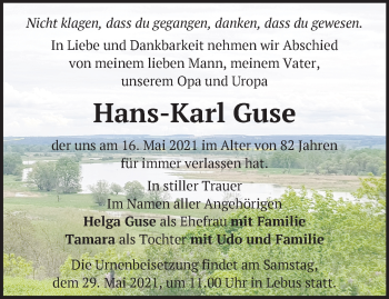 Traueranzeige von Hans-Karl Guse von Märkische Oderzeitung