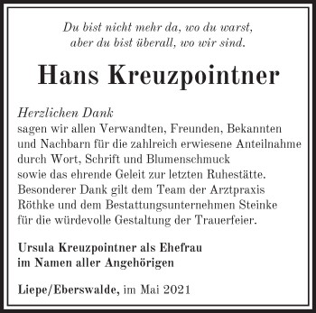 Traueranzeige von Hans Kreuzpointner von Märkische Oderzeitung