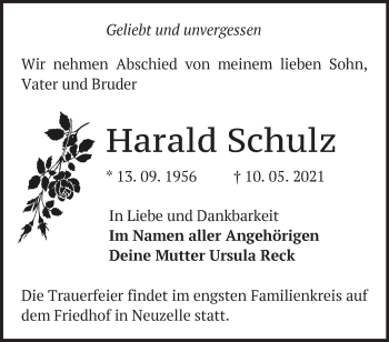 Traueranzeige von Harald Schulz von Märkische Oderzeitung