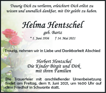 Traueranzeige von Helma Hentschel von Märkische Oderzeitung