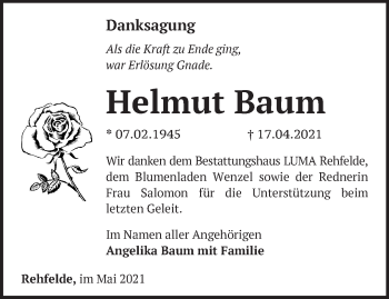 Traueranzeige von Helmut Baum von Märkische Oderzeitung