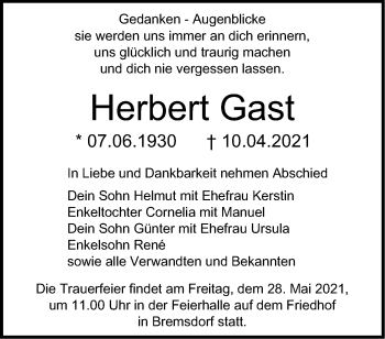 Traueranzeige von Herbert Gast von Märkische Oderzeitung