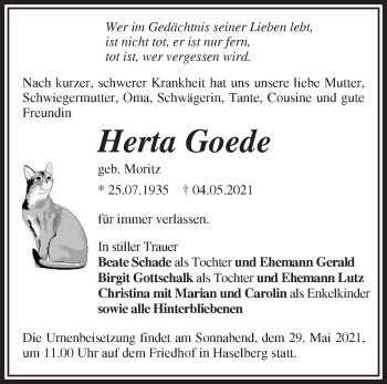 Traueranzeige von Herta Goede von Märkische Oderzeitung