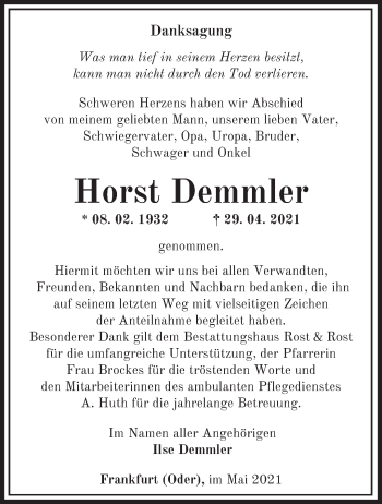 Traueranzeige von Horst Demmler von Märkische Oderzeitung