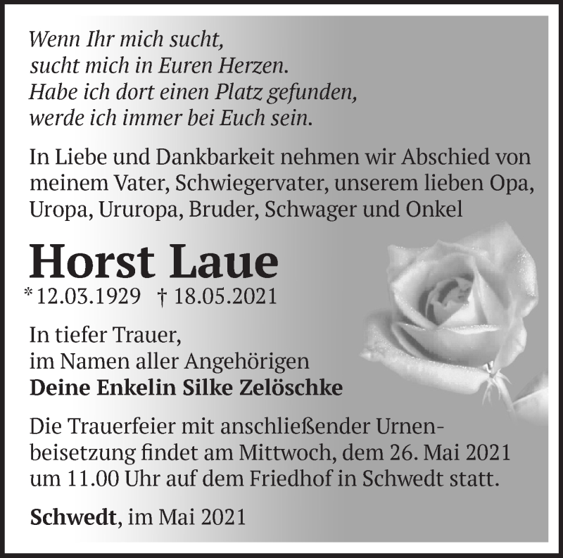  Traueranzeige für Horst Laue vom 22.05.2021 aus Märkische Oderzeitung