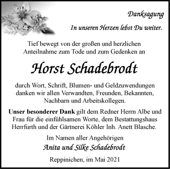 Traueranzeige von Horst Schadebrodt von Märkische Oderzeitung