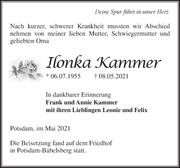 Traueranzeige von Ilonka Kammer von Märkische Oderzeitung