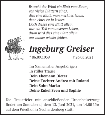 Traueranzeige von Ingeburg Greiser von Märkische Oderzeitung