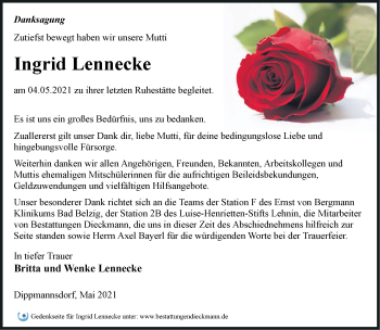 Traueranzeige von Ingrid Lennecke von Märkische Oderzeitung