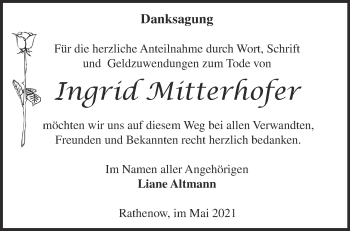 Traueranzeige von Ingrid Mitterhofer von Märkische Oderzeitung