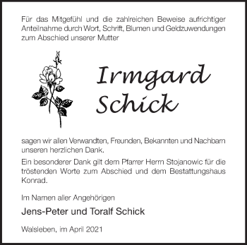 Traueranzeige von Irmgard Schick von Märkische Oderzeitung