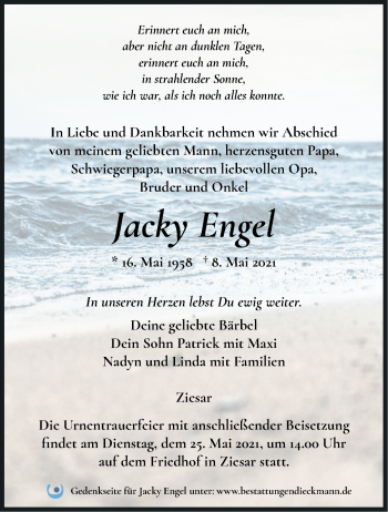 Traueranzeige von Jacky Engel von Märkische Oderzeitung