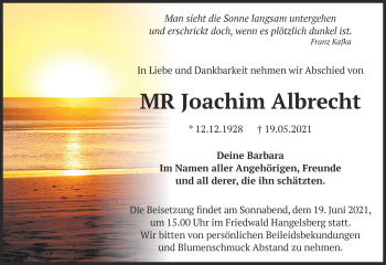 Traueranzeige von Joachim Albrecht von Märkische Oderzeitung