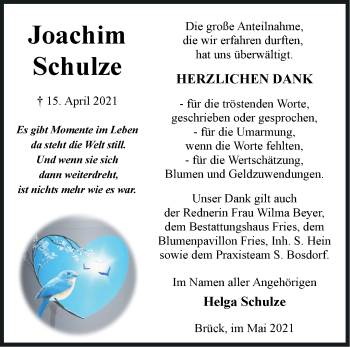 Traueranzeige von Joachim Schulze von Märkische Oderzeitung