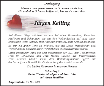 Traueranzeige von Jürgen Keiling von Märkische Oderzeitung