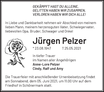 Traueranzeige von Jürgen Pelzer von Märkische Oderzeitung