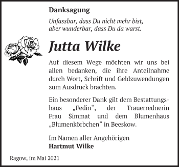 Traueranzeige von Jutta Wilke von Märkische Oderzeitung