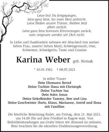 Traueranzeige von Karina Weber von Märkische Oderzeitung