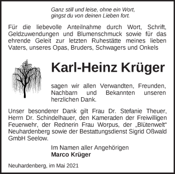 Traueranzeige von Karl-Heinz Krüger von Märkische Oderzeitung