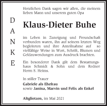 Traueranzeige von Klaus-Dieter Buhe von Märkische Oderzeitung