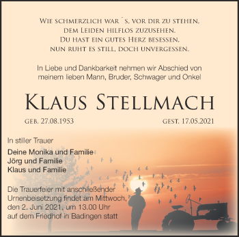 Traueranzeige von Klaus Stellmach von Märkische Oderzeitung