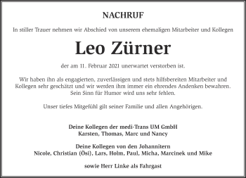 Traueranzeige von Leo Zürner von Märkische Oderzeitung