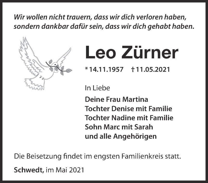  Traueranzeige für Leo Zürner vom 20.05.2021 aus Märkische Oderzeitung