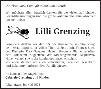 Traueranzeige von Lilli Grenzing von Märkische Oderzeitung