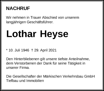 Traueranzeige von Lothar Heyse von Märkische Oderzeitung