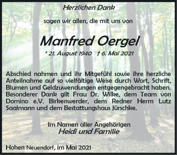 Traueranzeige von Manfred Oergel von Märkische Oderzeitung