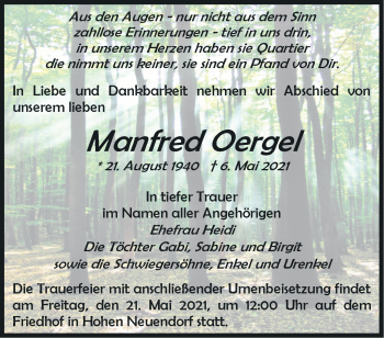 Traueranzeige von Manfred Oergel von Märkische Oderzeitung