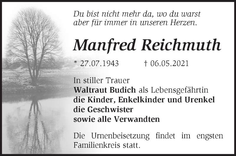  Traueranzeige für Manfred Reichmuth vom 15.05.2021 aus Märkische Oderzeitung