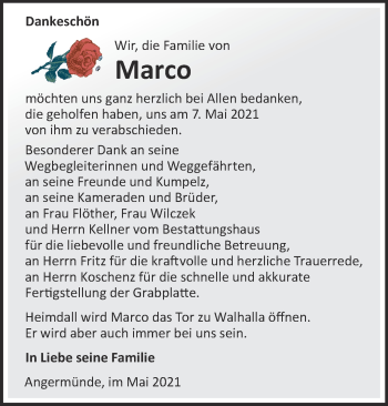 Traueranzeige von Marco  von Märkische Oderzeitung