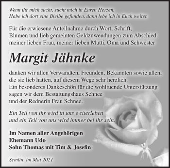 Traueranzeige von Margit Jähnke von Märkische Oderzeitung