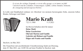 Traueranzeige von Mario Kraft von Märkische Oderzeitung