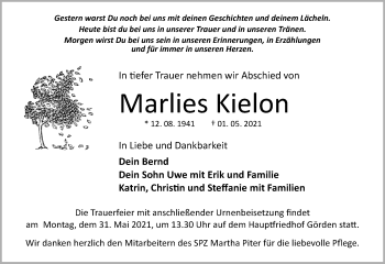 Traueranzeige von Marlies Kielon von Märkische Oderzeitung